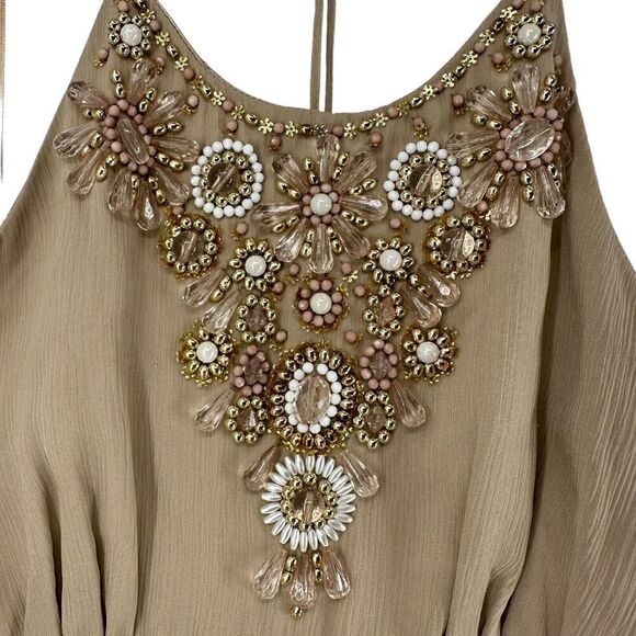 Milly Silk Beaded Halter Dress Knee Length Beige Formal Size 2 Party Cocktail - Picture 3 of 15